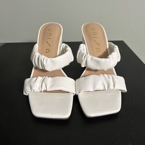 UNISA White Ruched Strap Slide Block Heel Sandals